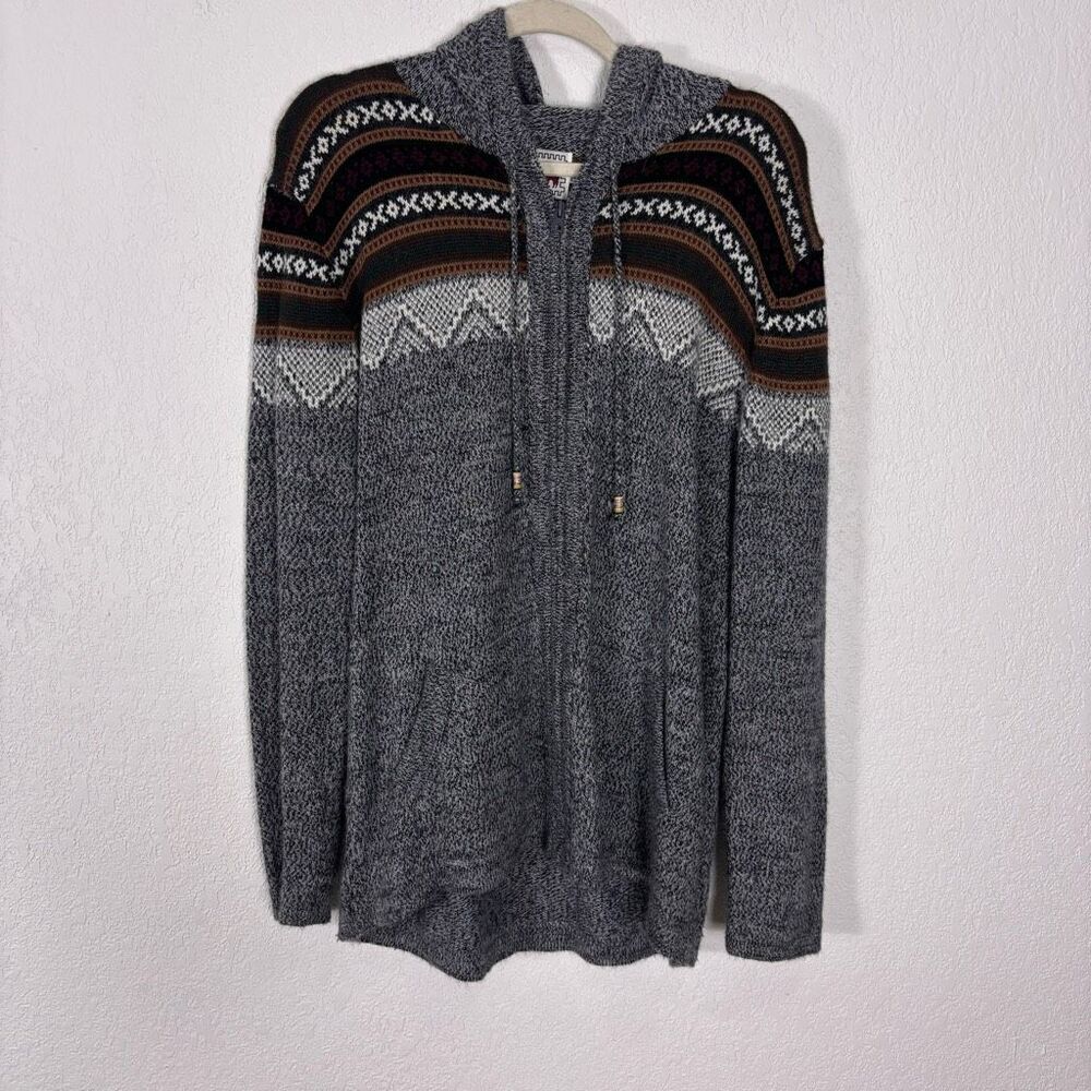 The Alpaca Connection Grey with Aztec Print Hooded Zip Up Sweater Size Large